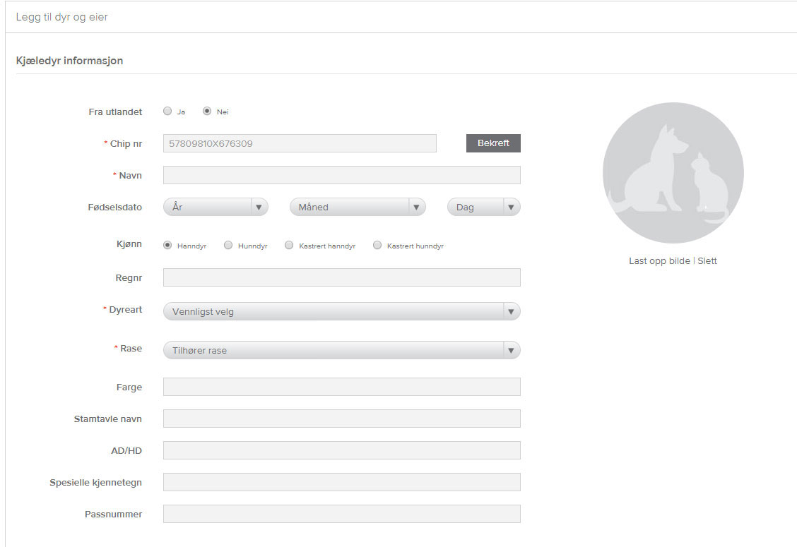 Registrering av nytt dyr / ny eier